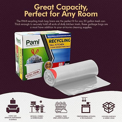 PAMI Recycling Tall Kitchen Drawstring Trash Bags- Extra-Strong Plastic Garbage Bags- Thick Trash Can Liners For Kitchen & Outdoor Bins- 2ft x2ft Unscented Trash Bags (13 Gallon – 60 Count – Clear) - style: 13 Gallon – 60 Count – Clear