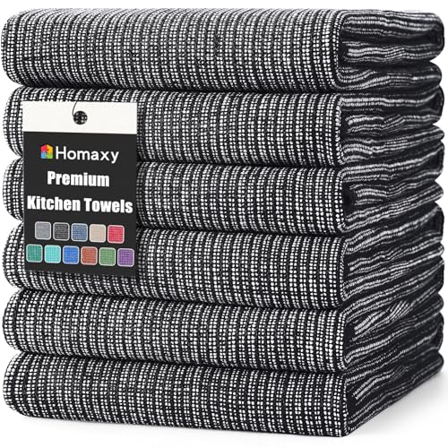 Homaxy Premium Kitchen Towels(18”x 28”, 6 Pack), Large Cotton Kitchen Hand Towels, Flat and Terry Dish Towels, 380 GSM Highly Absorbent Tea Towel Set with Hanging Loop, Black - color: Black, style: 6-pack