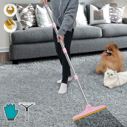B-Land Carpet Rake for Pet Hair Removal, Reusable Pet Hair Remover with 60” Adjustable Long Handle, Carpet Scraper Dog Cat Hair Remover Tool for Rugs, Mats, Couch, Furniture Pink - color: Pink