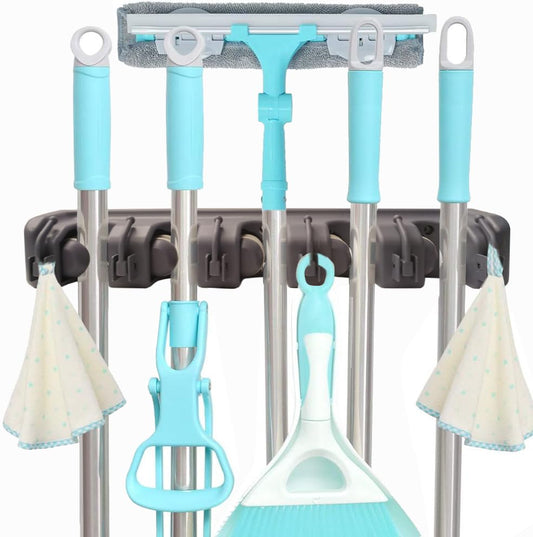 C-CHAIN Mop and Broom Holder, 5 Position with 6 Hooks Garage Storage Holds up to 11 Tools, Multipurpose Wall Mounted Tool Rack Organizer for Kitchen Garage,Grey - color: Grey