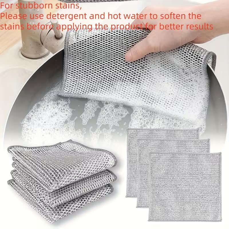 5-Piece Gray Multi-Purpose Wet and Dry Wire Dish Cloths, Double-Thickness Steel Scouring Pads for Home Kitchen and Cooktop Cleaning
