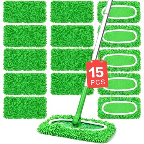 15Pcs Reusable Microfiber Mop Pads Compatible with Sweeper Mop, Replacement Wet Mopping pad Refills & Washable Dry Sweeping Cloths for Surface/Hardwood Floor Cleaning - color: 15 Pack Green