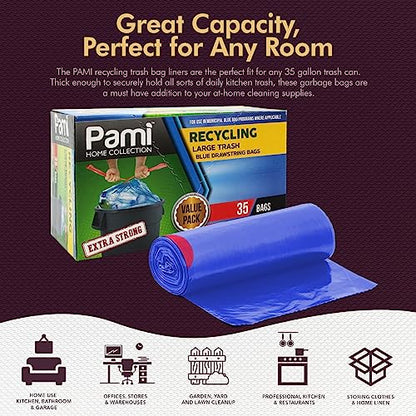 PAMI Recycling Tall Kitchen Drawstring Trash Bags- Extra-Strong Plastic Garbage Bags- Thick Trash Can Liners For Kitchen & Outdoor Bins- 2ft x2ft Unscented Trash Bags (30 Gallon – 35 Count – Blue) - style: 30 Gallon – 35 Count – Blue