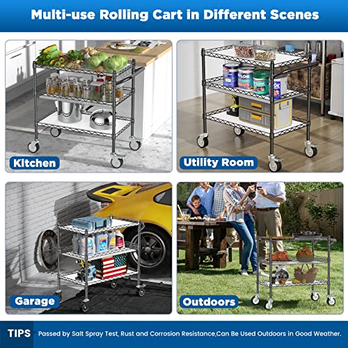 Leteuke 3 Tier Rolling Carts with Wheels, Heavy Duty Rolling Utility Cart,NSF Commercial Grade Metal Cart with Handle&Shelf Liner,Trolley Serving Cart for Kitchen,Restaurant,Plant Display,Black - color: Matte Black