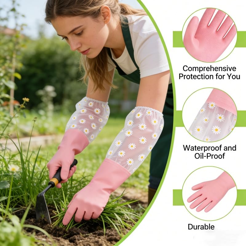 Dishwashing Cleaning Gloves, Reusable Rubber Glove with Long Elastic Cuffs for Chores - color: Pink
