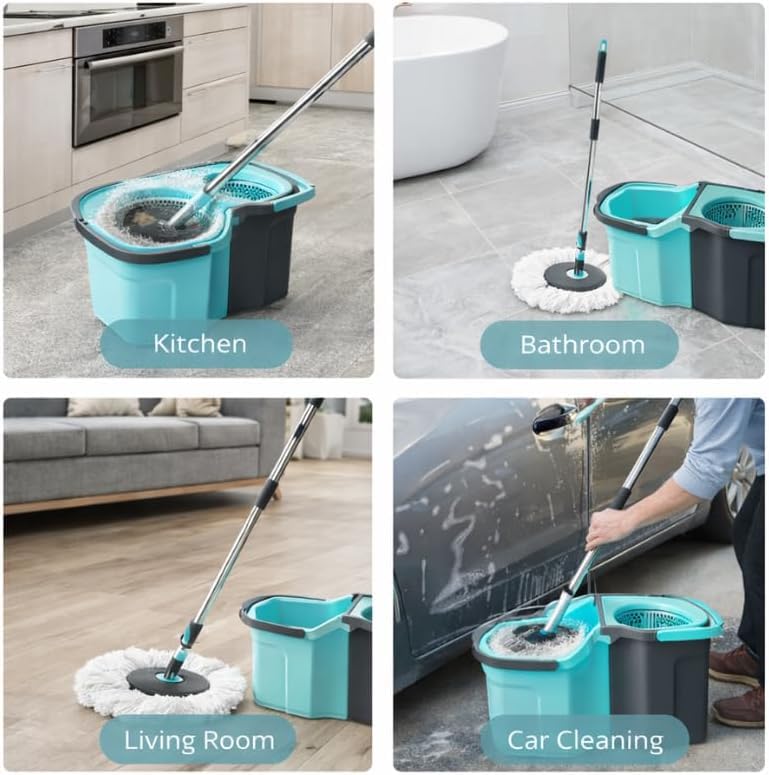 Spin Mop and Bucket System for Floor Cleaning - 360° Rotating Mop with Detachable Bucket - 2 Machine Washable Microfiber Heads - Stainless Steel Handle for Hardwood, Tile, and Laminate