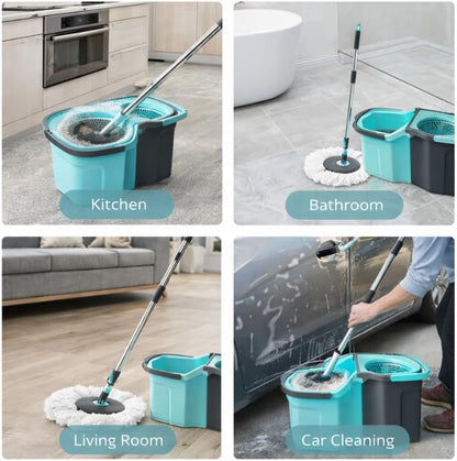 Spin Mop and Bucket System for Floor Cleaning - 360° Rotating Mop with Detachable Bucket - 2 Machine Washable Microfiber Heads - Stainless Steel Handle for Hardwood, Tile, and Laminate