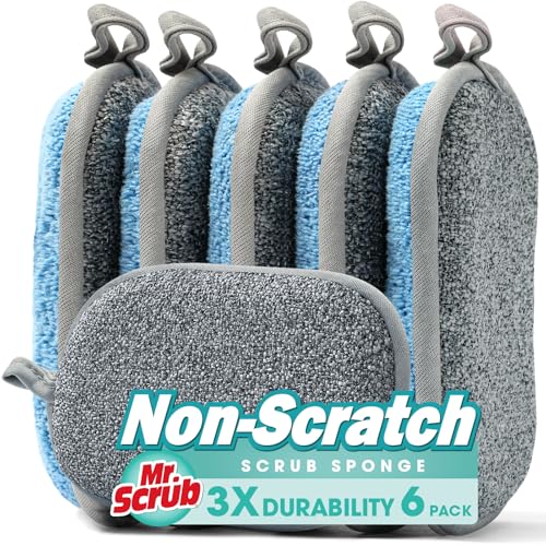 Sponges Kitchen Dish Sponge for Washing Dishes Cleaning Kitchen, All-Purpose, 6 Pack, Non Scratch, Rough Scrubbers Side for Non-Stick Cookware, Soft Microfiber Scrub Side for Dishes, Mr. Scrub - color: Grey & Blue, size: 6 Pack