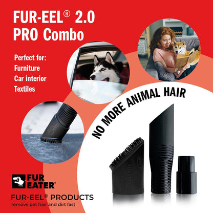 FUR-EEL PRO 2.0 Pet Hair Remover Vacuum Attachment, Replaceable Rubber Brush Head for Dog & Cat Hair, Fits 1-1/4, 1-3/8 & 1-1/2 in Round Hoses, for Car Detailing, Carpet & Upholstery - color: Pro 2.0