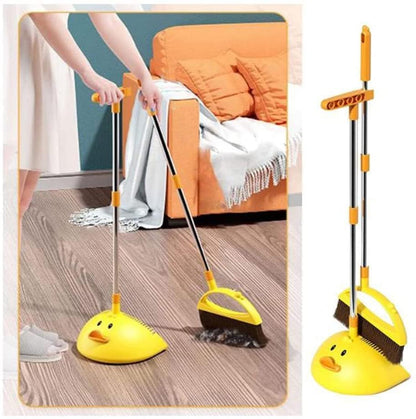 Cute Duck Cleaning Broom and Dustpan Set with Long Handle Stand Up Broom and Dustpan for Home Kitchen Room Office, Outdoor Indoor (Yellow)