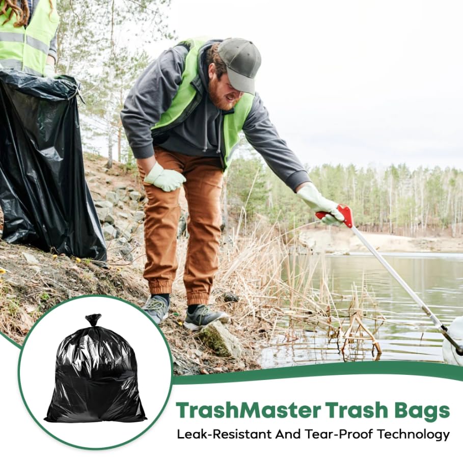 65 Gallon Trash Bags | 50 Bags with Ties | Thick for Large Commercial Jobs | Construction Clean Up | Garbage bags for Yard Clean up - TrashMaster