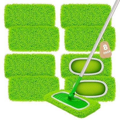 8 Pack Chenille Mop Pads, Reusable Mop Refills for 10''–12'' Flat Mops, Washable Wet & Dry Pads for Hard Floors, Compatible with Swiffer Sweeper Mops