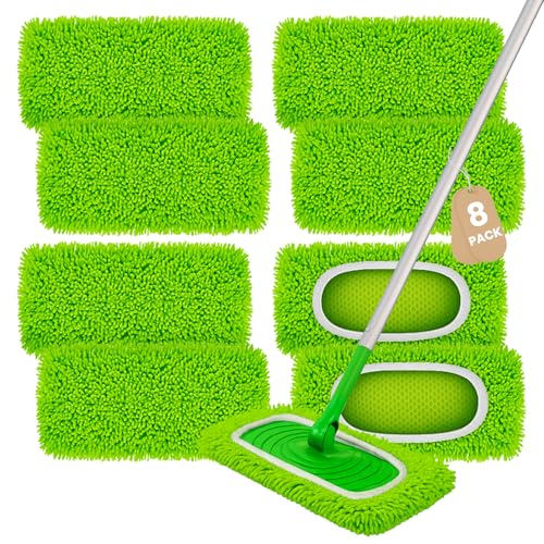 8 Pack Chenille Mop Pads, Reusable Mop Refills for 10''–12'' Flat Mops, Washable Wet & Dry Pads for Hard Floors, Compatible with Swiffer Sweeper Mops