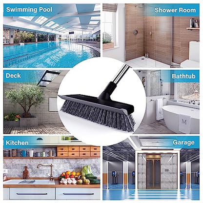 Heavy Duty Floor Scrub Brush with Long Handle, Adjustable Stainless Steel Handle, Stiff Bristles & Rubber Squeegee Scraper, Concrete Floor Scrubber for Cleaning Floor Concrete Deck Hardwood Patio Tile - style: Black+Grey