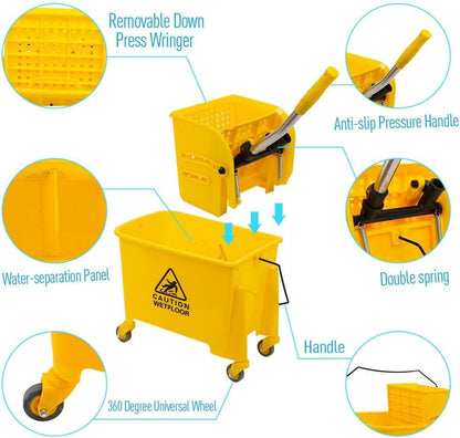 Industrial Mop Bucket with Wringer, Basics Side Press 5.28 Gallon Commercial Mop Bucket with Wheels Yellow Color Combo Bucket for Home Cleaning (Yellow)