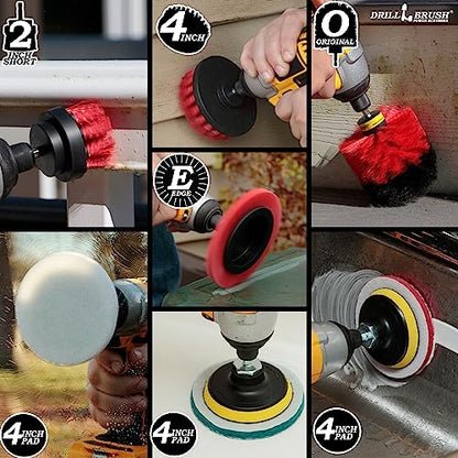 Drillbrush Commercial Heavy Duty Scouring Pads and Scrubber Set Drill Powered Nylon Scrub Brush Attachment Set Outdoor Cleaning Drill Brush Power Scrubber - color: Red