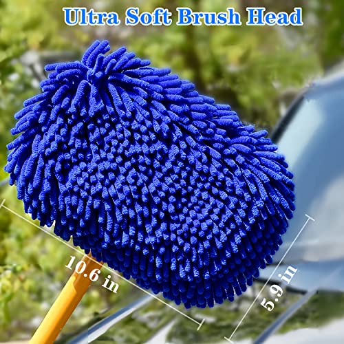 Mveqrrn Upgrade Car Wash Brush with Long Handle,Chenille Microfiber Car Cleaning Brush Supplies Kit Car Wash Mop Accessories Car Washing Brush with Scratch-Free Replacement Head(Blue - color: Blue-002
