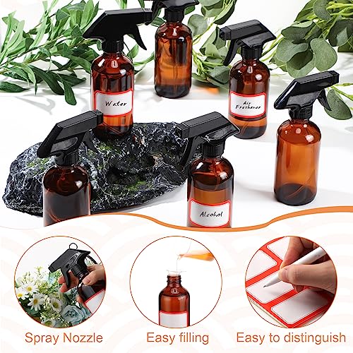 Norme 24 Pcs Glass Spray Bottles with Funnels and Labels 8 oz Refillable Cosmetic Empty Spray Containers with Trigger Squirt Containers for Essential Oil Cleaning Solutions(Brown) - color: Brown