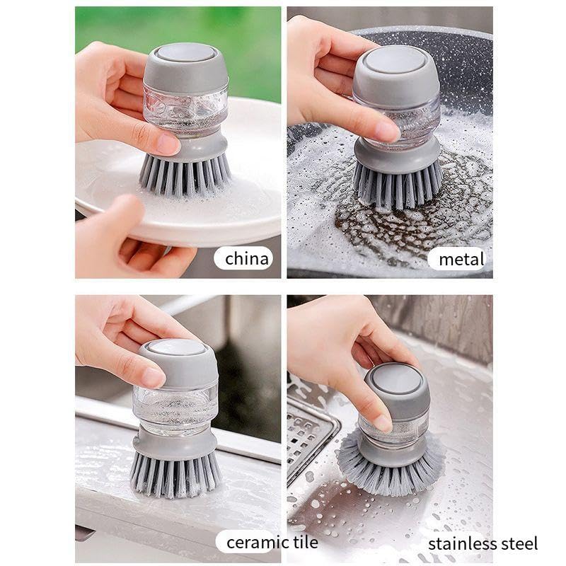 Automatic Liquid-Adding Kitchen Cleaning Dish Brush with Soap Dispenser, Dishwashing Kitchen Scrub Brushes Dish Scrubber with Holder Drip Tray, for Cleaning Pan, Pot, Sink
