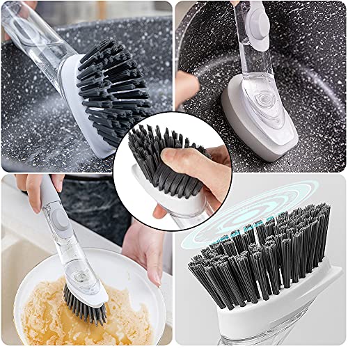 Soap Dispensing Dish Brush with 4 Replaceable Heads, Updated No Leaking Soap Dish Scrubber Soap Dispenser, Kitchen Dish Brush with Soap Dispenser for Pot Pan Sink Cleaning(Light Gray)