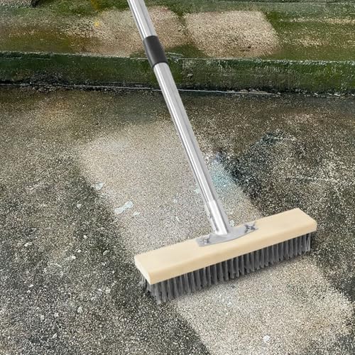 Heavy Duty Floor Scrubber,Deck Brush with Long Handle,56L''×12W Stainless Steel Wire Scrub Brush, Stiff Metal Bristle Scrubber Broom for Deck, Concrete, Patio Floor Cleaning Moss Removal