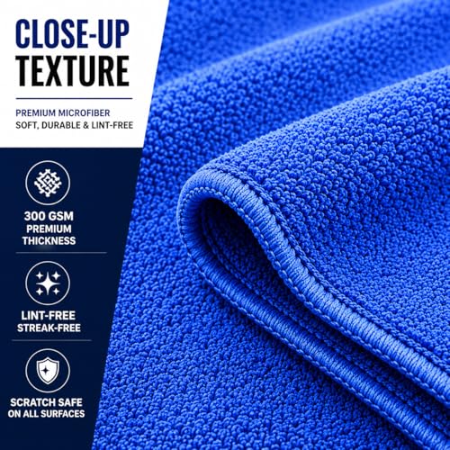 Iron Ridge Microfiber Cleaning Cloths 6-Pack, Blue, 12x12, 300 GSM | Reusable, streak-free performance for glass, kitchens, vehicles, electronics, workspaces, and everyday tasks - color: Blue