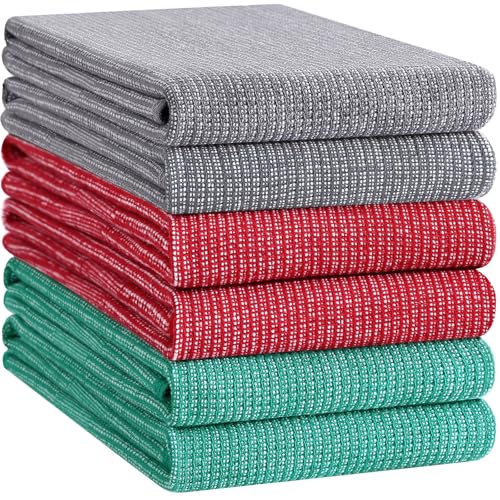 Homaxy Premium Kitchen Towels(18”x 28”, 6 Pack), Large Cotton Kitchen Hand Towels, Flat and Terry Dish Towels, 380 GSM Highly Absorbent Tea Towel Set with Hanging Loop, Grey/Red/Green - color: Grey/Red/Green, style: 6-pack