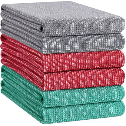 Homaxy Premium Kitchen Towels(18”x 28”, 6 Pack), Large Cotton Kitchen Hand Towels, Flat and Terry Dish Towels, 380 GSM Highly Absorbent Tea Towel Set with Hanging Loop, Grey/Red/Green - color: Grey/Red/Green, style: 6-pack