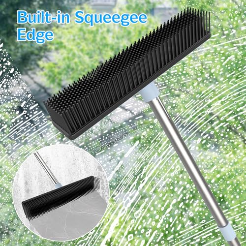 Rubber Broom Carpet Rake for Pet Hair Removal, Dog Hair Broom with 59" Adjustable Handle, Push Broom with Squeegee for Carpet, Hardwood Floor, Tile, Includes 1 Pet Hair Brush