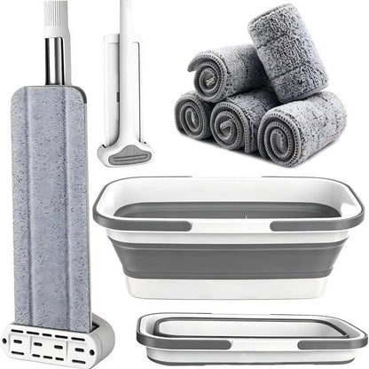 Large Flat Mop and Scalable Bucket with Wheels, 360 Rotating Microfiber Dust Mop with Dewatering Scraper, 54" Adjustable Stainless Steel (1 Mop + 6 Microfiber Pads + 1 Bucket)