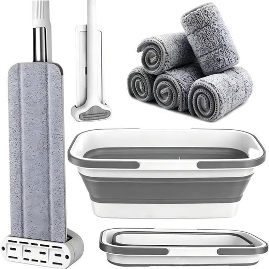 Large Flat Mop and Scalable Bucket with Wheels, 360 Rotating Microfiber Dust Mop with Dewatering Scraper, 54" Adjustable Stainless Steel (1 Mop + 6 Microfiber Pads + 1 Bucket)