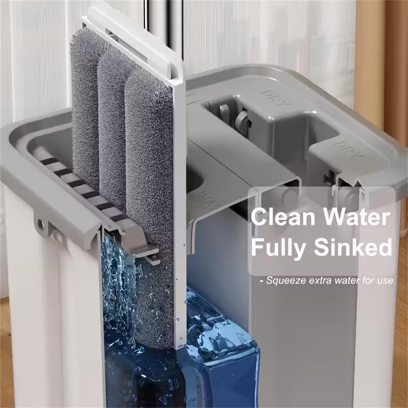 Mop and Bucket Set with AUTO Pump, 3-Zone Separate Dirty and Clean Water, Flat Mop and Bucket System with Wringer and Wheels, 2 Reusable Microfiber Pads, One-Touch Water Filling for Home Cleaning