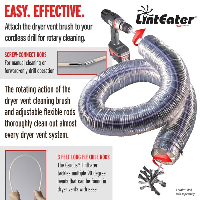 Gardus RLE30 LintEater Rotary Dryer Vent Cleaning System, Removes Lint, Extends Up to 30’ - style: 30' Screw-Connect Kit
