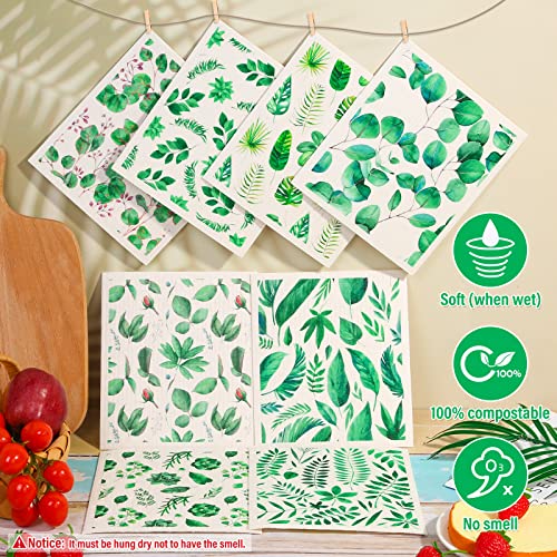 Lucomb 8 Pack Swedish Dish Cloths Washable, Reusable Cleaning Kitchen Paper Towel Sponge Dishcloths, Fast Drying Absorbent Hand Wipes Odorless Tea Towel for Kitchen Home Bar (Plants) - color: Green Plants