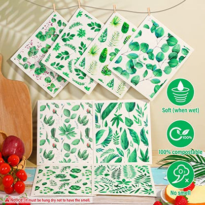 Lucomb 8 Pack Swedish Dish Cloths Washable, Reusable Cleaning Kitchen Paper Towel Sponge Dishcloths, Fast Drying Absorbent Hand Wipes Odorless Tea Towel for Kitchen Home Bar (Plants) - color: Green Plants