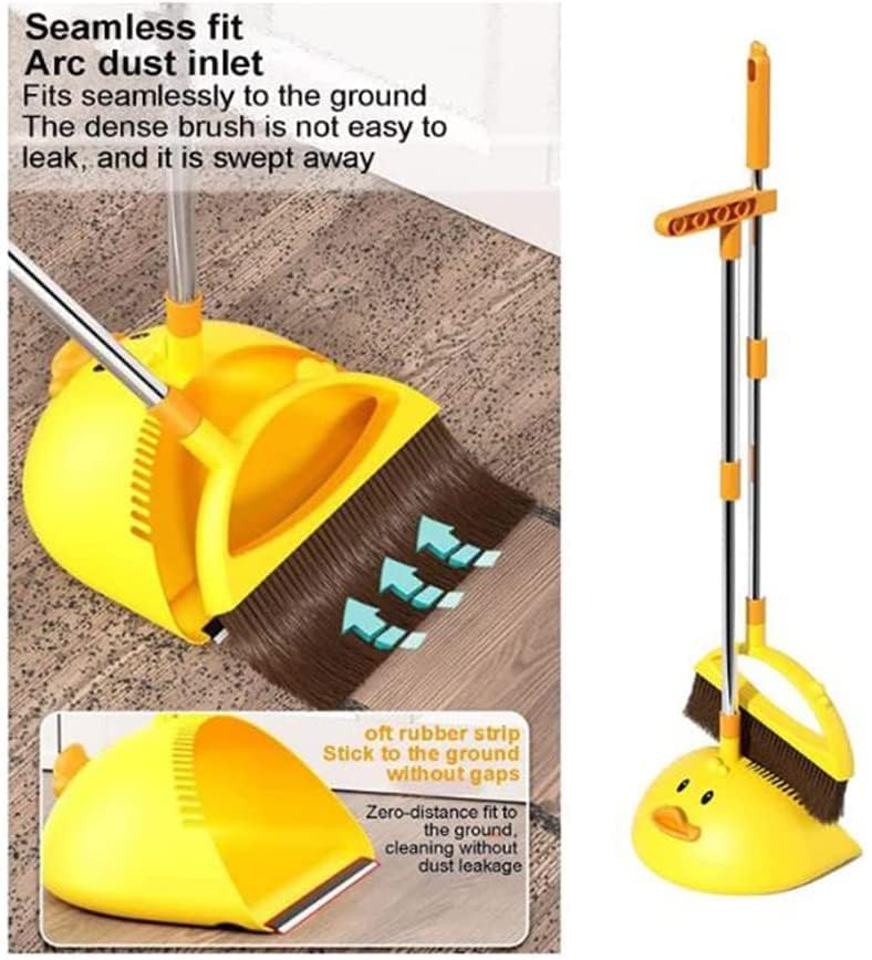 Cute Duck Cleaning Broom and Dustpan Set with Long Handle Stand Up Broom and Dustpan for Home Kitchen Room Office, Outdoor Indoor (Yellow)