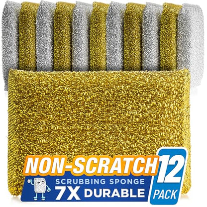SPONGENATOR Kitchen Scrubbing Sponges - Heavy Duty Non-Scratch Scrubbing Cleaner Sponges in 2 Colors - Multi-Surface Non-Metal Dish Scouring Scrubbers for Fast Cleaning (Gold & Silver, 12)
