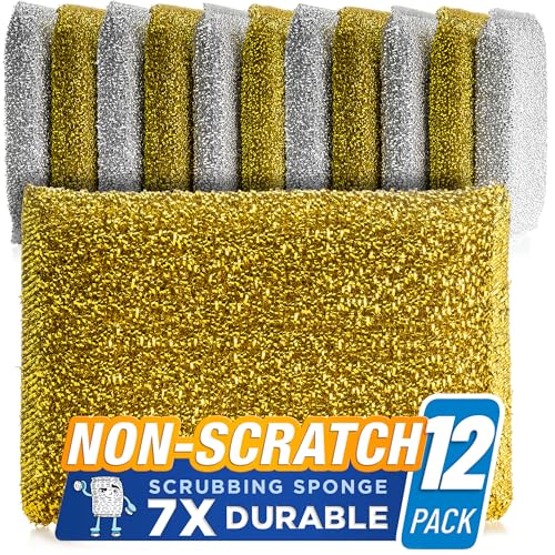 SPONGENATOR Kitchen Scrubbing Sponges - Heavy Duty Non-Scratch Scrubbing Cleaner Sponges in 2 Colors - Multi-Surface Non-Metal Dish Scouring Scrubbers for Fast Cleaning (Gold & Silver, 12)