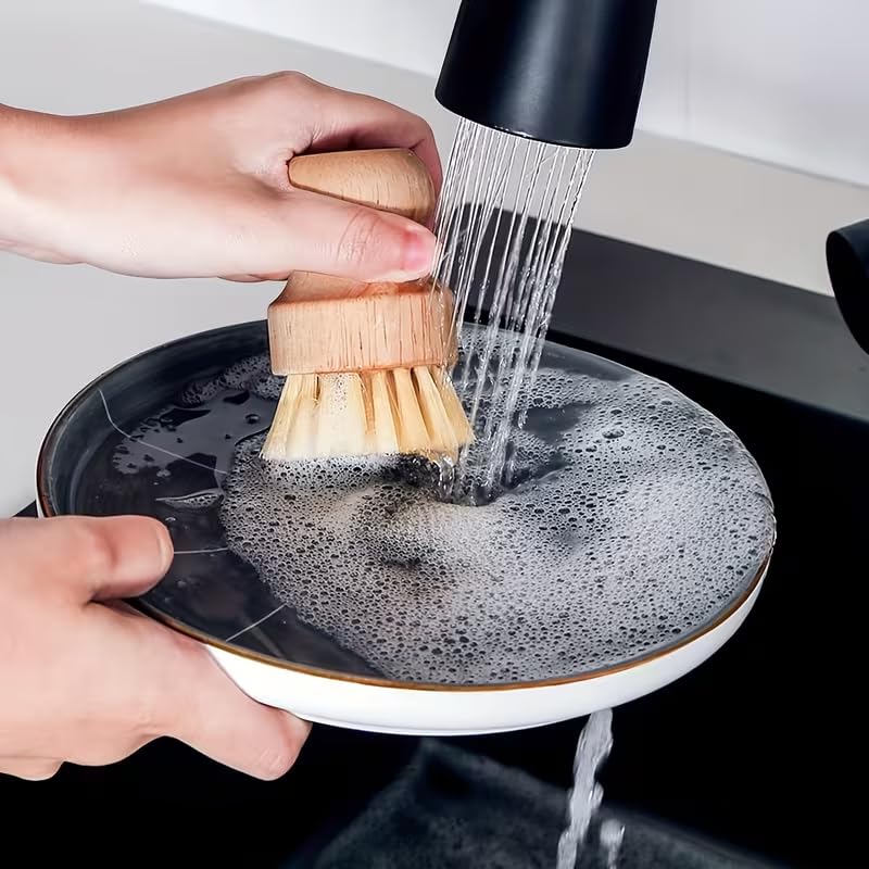Kitchen Brush for Cleaning Dishes and Pans, Rustic Design Cleaning Brush with Built-in Drying Stand, Dish Brush with Drip Tray for Sink Countertop Organization