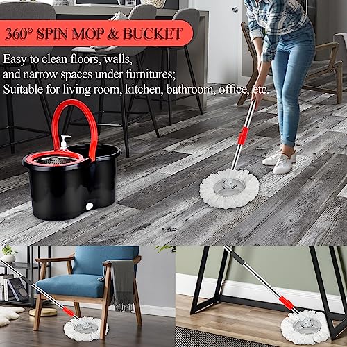 Spin Mop and Bucket with Wringer Set, 360° Spinning Mop Bucket System with 3 Microfiber Mop Replacement Heads and 61" Stainless Steel Adjustable Handle for Floor Cleaning - color: Black-1