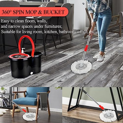Spin Mop and Bucket with Wringer Set, 360° Spinning Mop Bucket System with 3 Microfiber Mop Replacement Heads and 61" Stainless Steel Adjustable Handle for Floor Cleaning - color: Black-1
