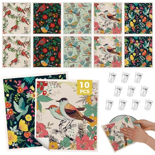 wlich 10PCS Swedish Dishcloths for Kitchen, Reusable Dish Rags for Washing Dishes with Clips, Non-Scratch Kitchen Towels and Dishcloths Sets, Washable Swedish Dish Cloths, No Odor(Birds Flowers) - color: Birds Flowers, size: 10PCS