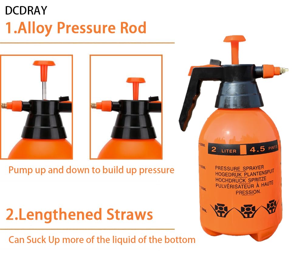 2L Handheld Garden Pump Sprayer 0.5 Gallon Water Mist Spray Bottle for Plants with Adjustable Brass Nozzle Orange (2L Orange)