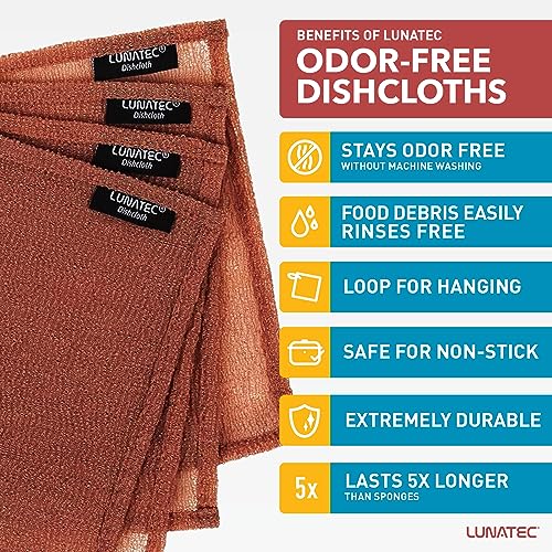 Lunatec Odor-Free Kitchen Dishcloths. A Scrubber and scouring pad for All Surfaces. (4-Pack) - color: Brown