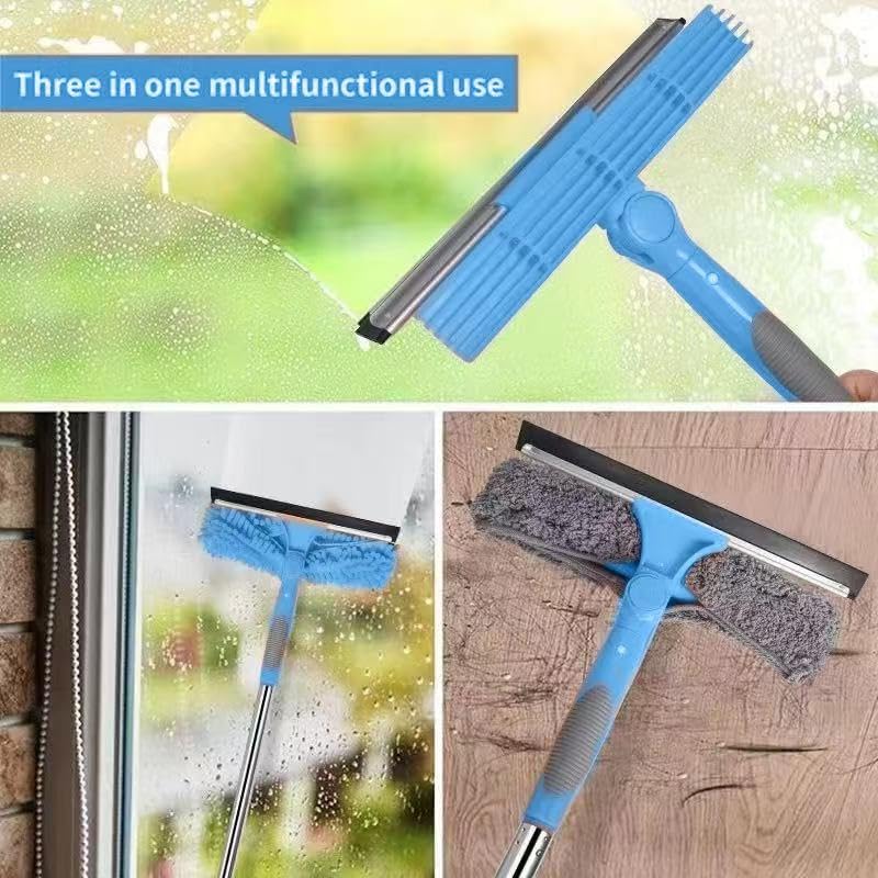 68'' Window Squeegee Cleaner Kit - 2-in-1 Rotatable Window Cleaning Tool with Extension Pole, Professional Streak-Free Squeegee with Bendable Head for Indoor/Outdoor Windows Car Glass (Blue, 38.45FT) - color: Blue