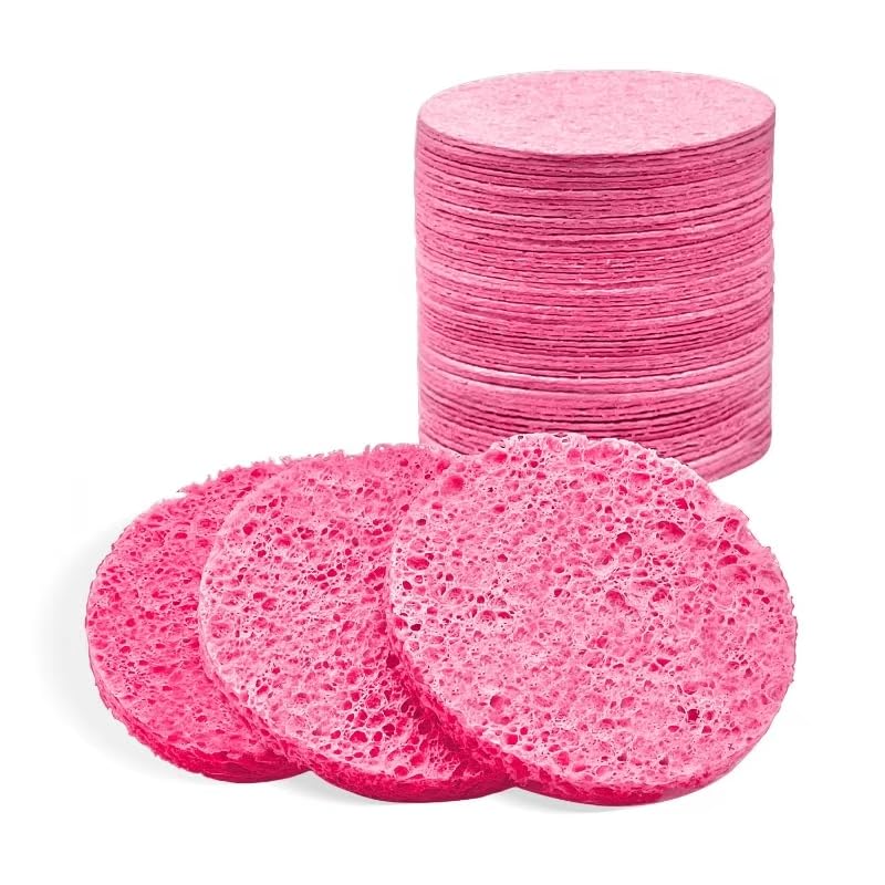 50-Count Compressed Facial Sponges, Round 100% Natural Cellulose Cosmetic Spa Sponges for Daily Facial Cleansing, Makeup and Mask Removal Exfoliating, Skin Massage, Pink - color: 50- Pack Pink