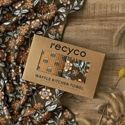 RECYCO Waffle Kitchen Towel Set of 2 - Quick Dry Microfiber Sustainable Dish Towels - Ultra Absorbent Reusable Cleaning Tea Towels - Lightweight Hand Towels,16”x 28”, Amber Flora - color: Amber Flora
