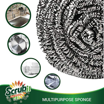 SCRUBIT 6 Pack Stainless Steel Scourers – Steel Wool Scrubber Pad Used for Dishes, Pots, Pans, and Ovens. Easy scouring for Tough Kitchen Cleaning. - size: 6 Count (Pack of 1)