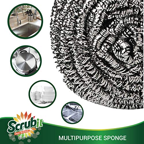 SCRUBIT 12 Pack Stainless Steel Scourers – Steel Wool Scrubber Pad Used for Dishes, Pots, Pans, and Ovens. Easy scouring for Tough Kitchen Cleaning. - size: 6 Count (Pack of 2)