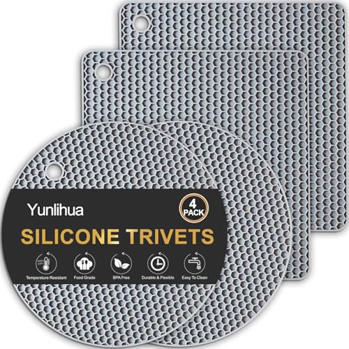 Silicone Trivet Mats, 4 PCS Heat Resistant Pot Holders Trivets for Hot Dishes, Hot Pots and Pans, Multipurpose Non-Slip Hot Pads for Kitchen Countertop Table, Food Grade & BPA Free, Grey - color: 7.29+6.91in, 4 Gray Square + Round
